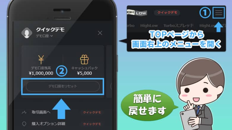 ハイローオーストラリアのスマホ版デモ取引に表示されるデモリセットボタン