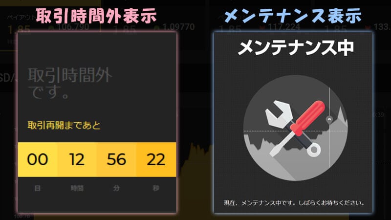 Highlow.com（ハイローオーストラリア）の取引時間外画面とメンテナンス画面の比較