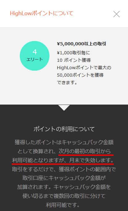 ハイローオーストラリアのHighlowポイントの有効期限（スマホ表示）