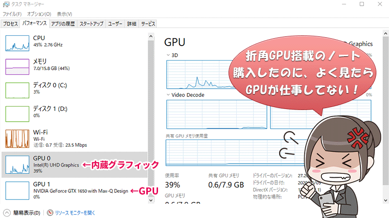 ノートパソコンのタスクマネージャー