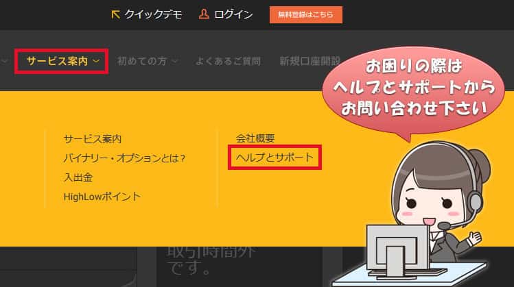 Highlow.com（ハイローオーストラリア）のお問い合わせは「ヘルプとサポート」から行う