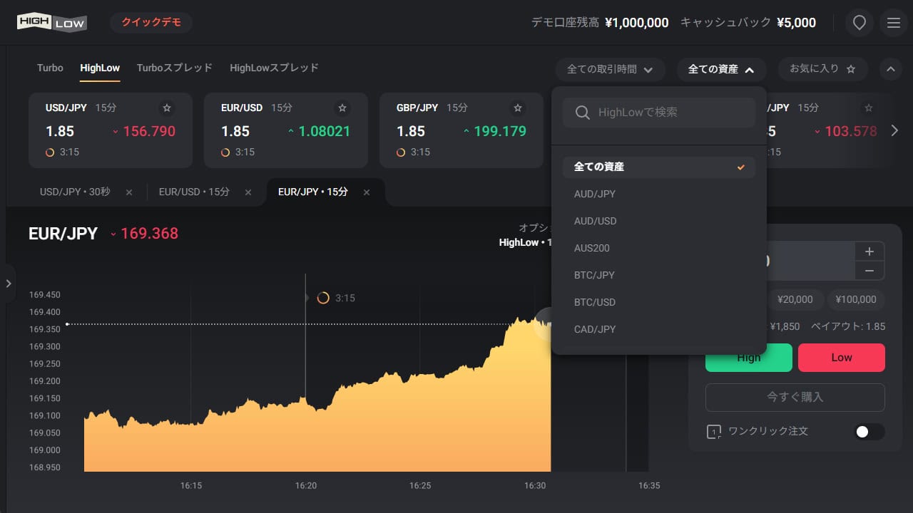 HighLow(ハイローオーストラリア)の取引銘柄選択画面（パソコン版）