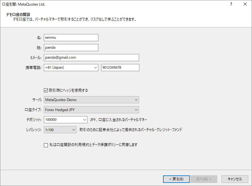 パソコンのMT5でデモ口座の情報を入力する