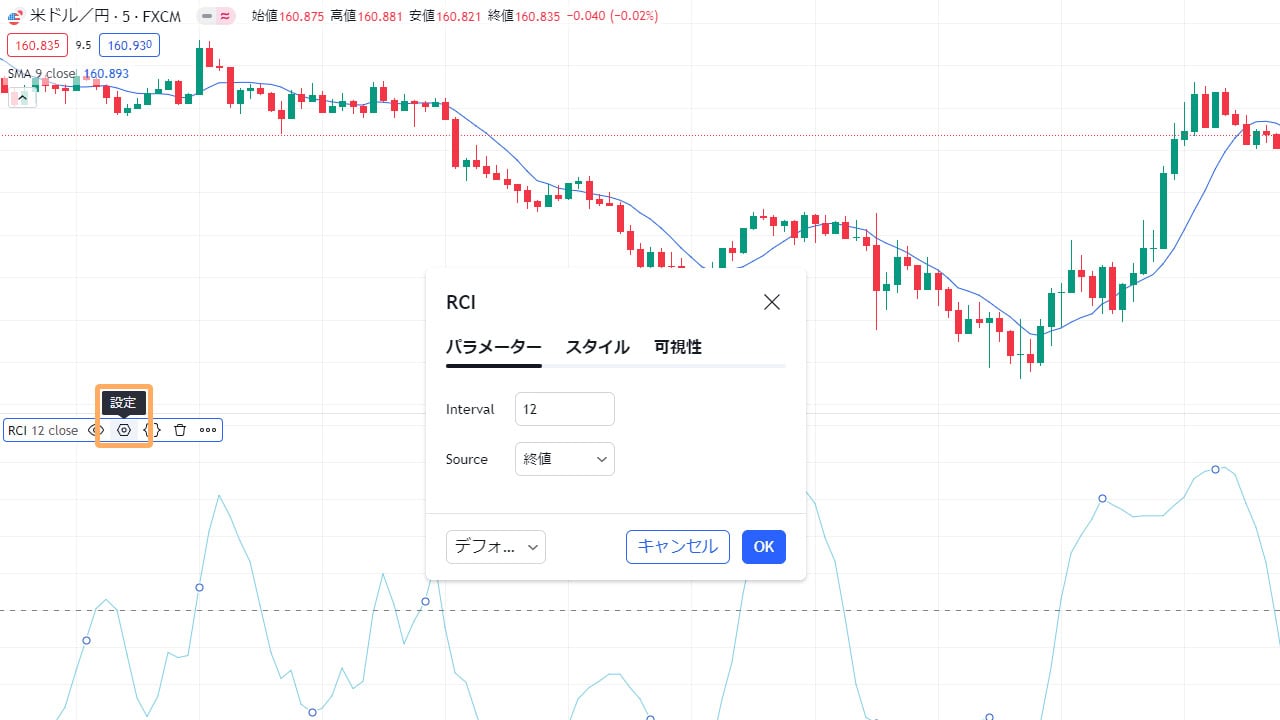 TradingViewでRCIの基本設定を行う