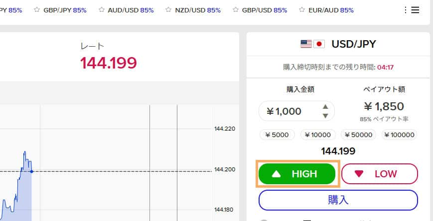 PC画像ザオプションデモ取引 HIGHかLOWの選択