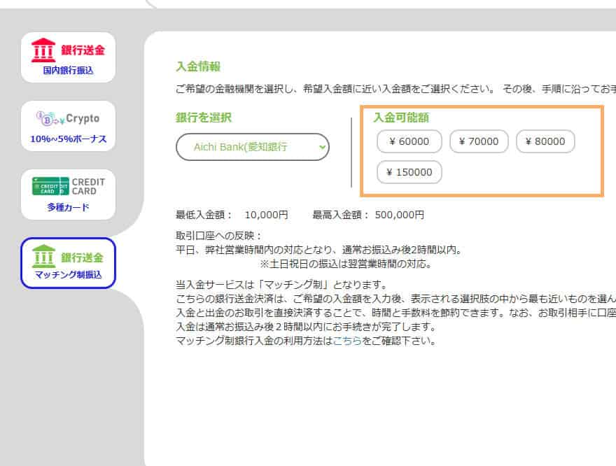 PC画像「入金希望額」に近い「入金可能額」が表示されるので、希望する入金額を選択