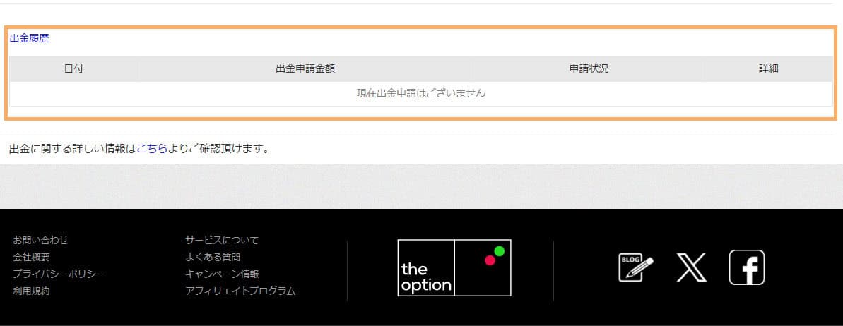 PC画像ザオプション 出金申請の履歴