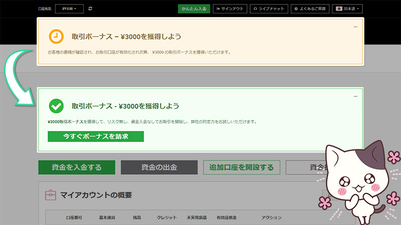 XM(XMTrading)で口座の有効化が完了した後のボーナス受取り画面（パソコン版）