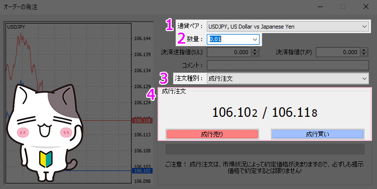 MT4で成行注文をするときのパソコン版注文方法