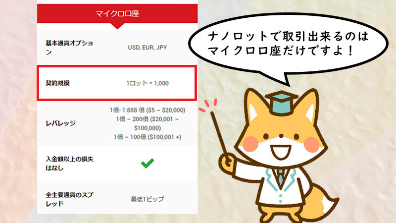 XMtrading　ナノロットで取引できるのはマイクロ口座だけ