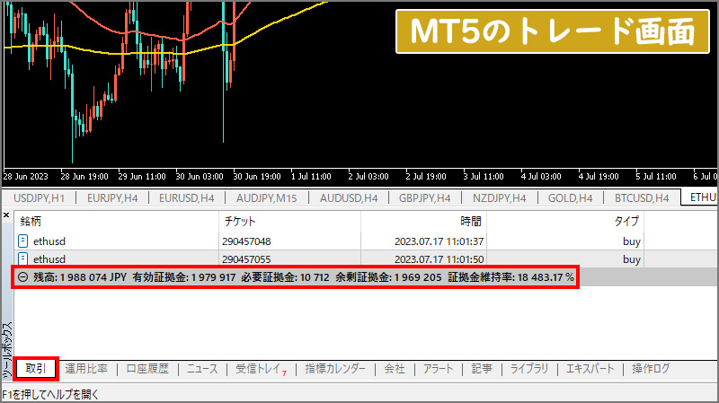 証拠金維持率はMT4・MT5で確認することができる。