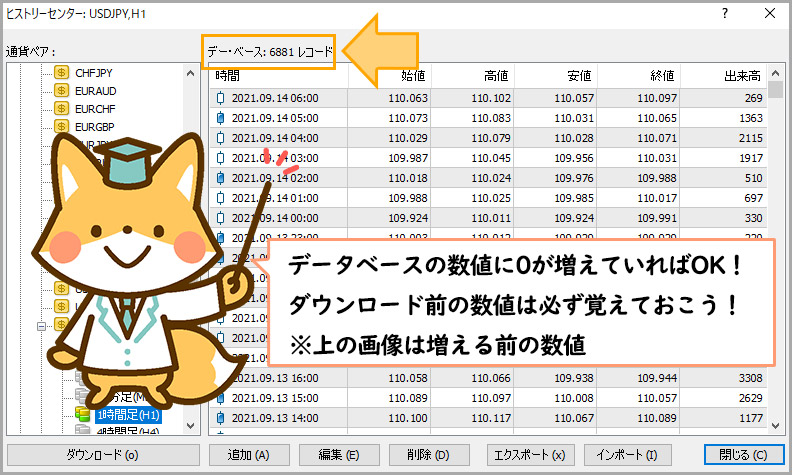 XMのヒストリカルデータのダウンロード完了確認はデータベースの数値を確認する