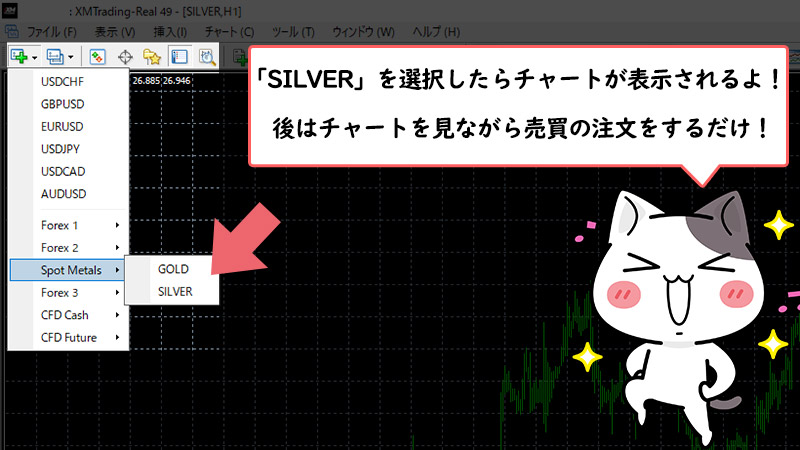 XMのMT4/MT5の新規チャート作成でSILVER(シルバー）を選択する